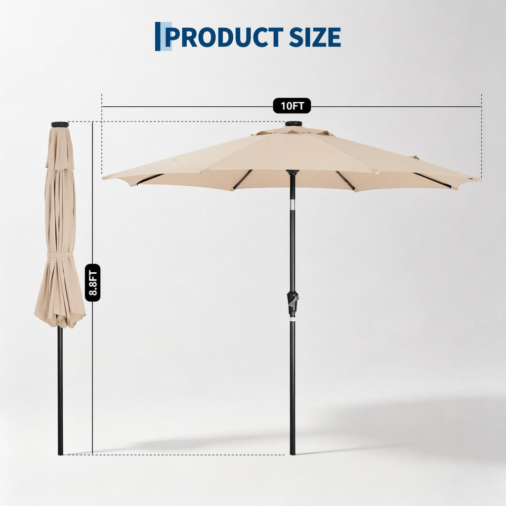 Garvee 10 FT Solar LED Patio Umbrella, Outdoor Market Table Umbrella with 32 Lights, Push-Button Tilt, Crank Lift & 8 Iron Ribs for Deck, Garden, Backyard and Pool, Beige
