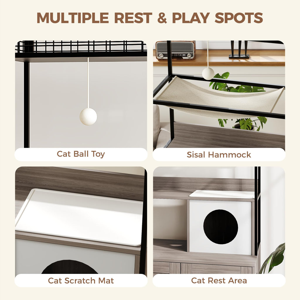 Garvee Modern Hidden Cat Litter Box Enclosure with Storage Rack, Indoor Enclosed Cat Furniture, Hammock, Sisal Balls, Scratching Mat, Multi-Level Private Cat House, Gray
