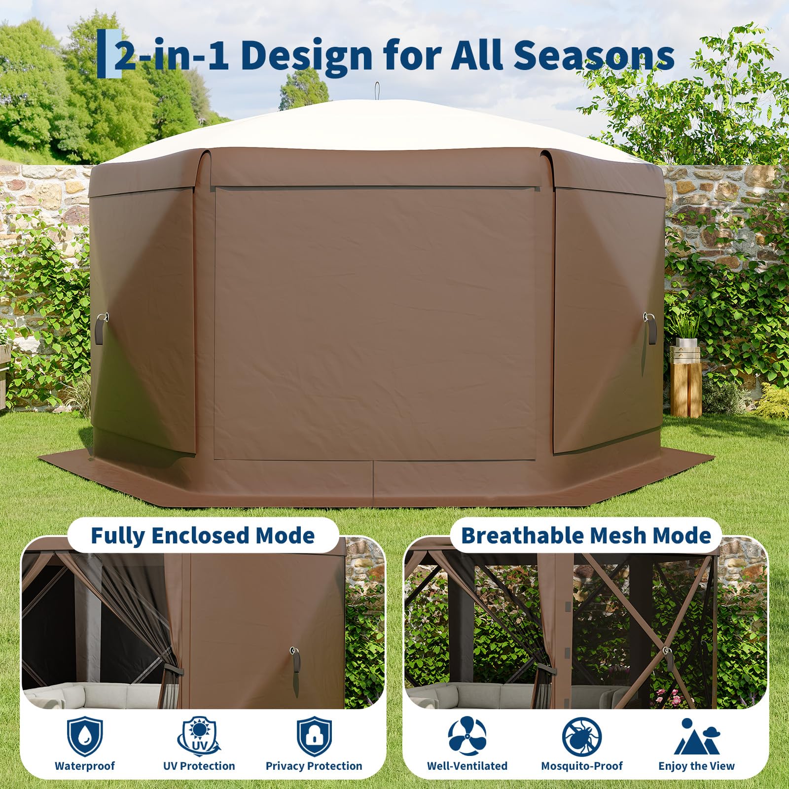 Garvee 13x13 ft Screen Tent with 6 Wind Panels - Instant Setup Outdoor Canopy, Wind & Rain Resistant Shelter with Full Mesh Walls for Camping, Backyard and Garden,Khaki