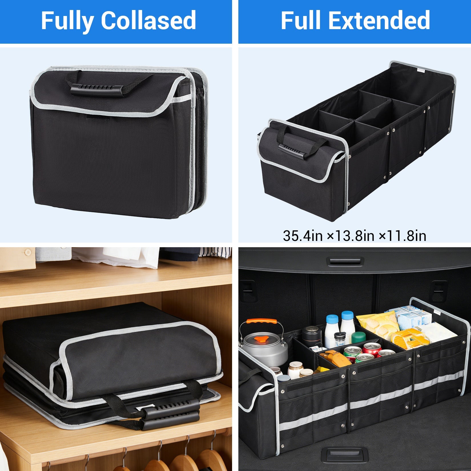 Garvee Collapsible Car Trunk Storage Bag with Ice Pack, 35.4x13.8x11.8 inch Large Capacity – Waterproof Oxford Cloth, 3D Partition, Non-Slip, Shoe & Wet Clothes Compartment, Black