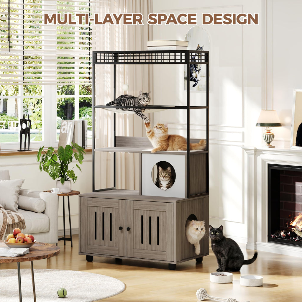 Garvee Modern Hidden Cat Litter Box Enclosure with Storage Rack, Indoor Enclosed Cat Furniture, Hammock, Sisal Balls, Scratching Mat, Multi-Level Private Cat House, Gray