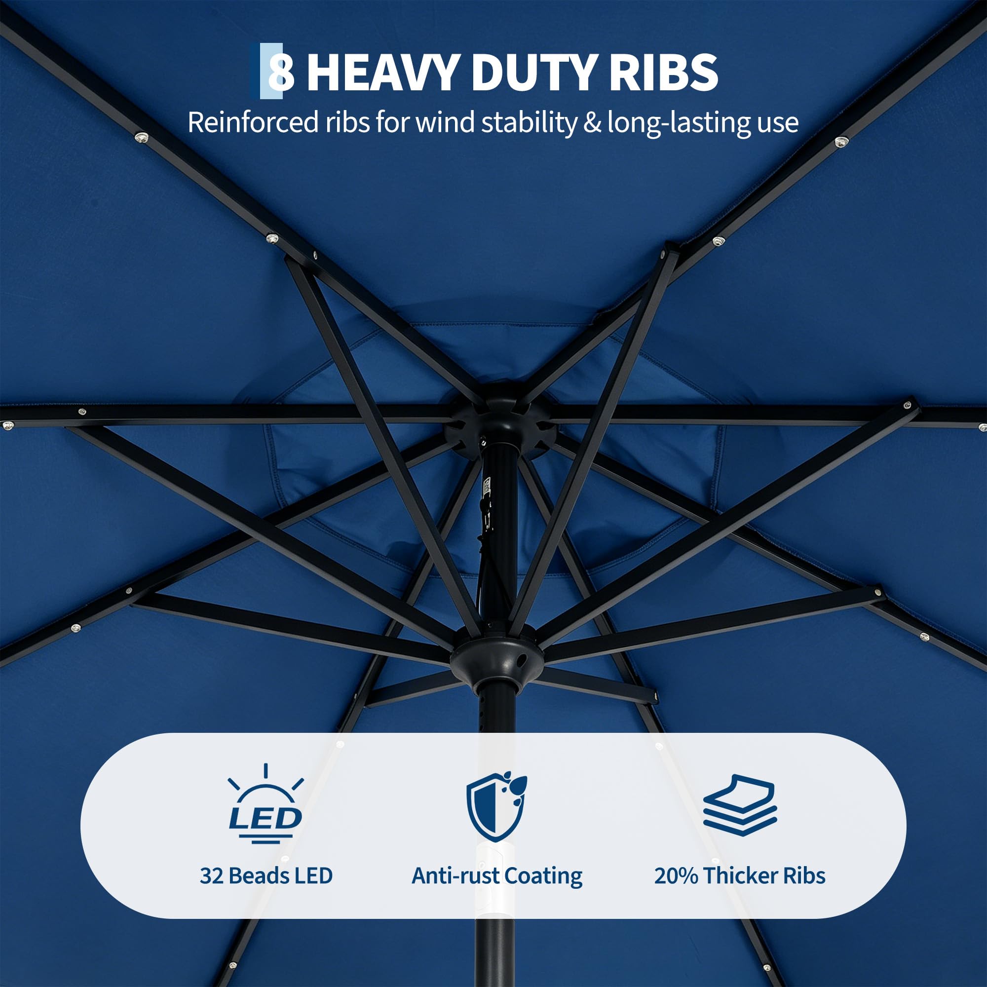 Garvee 10 FT Solar LED Patio Umbrella with 32 Lights, Round Outdoor Market Umbrella with Crank Lift, Push-Button Tilt and 8 Iron Ribs for Table, Deck and Pool, Navy Blue