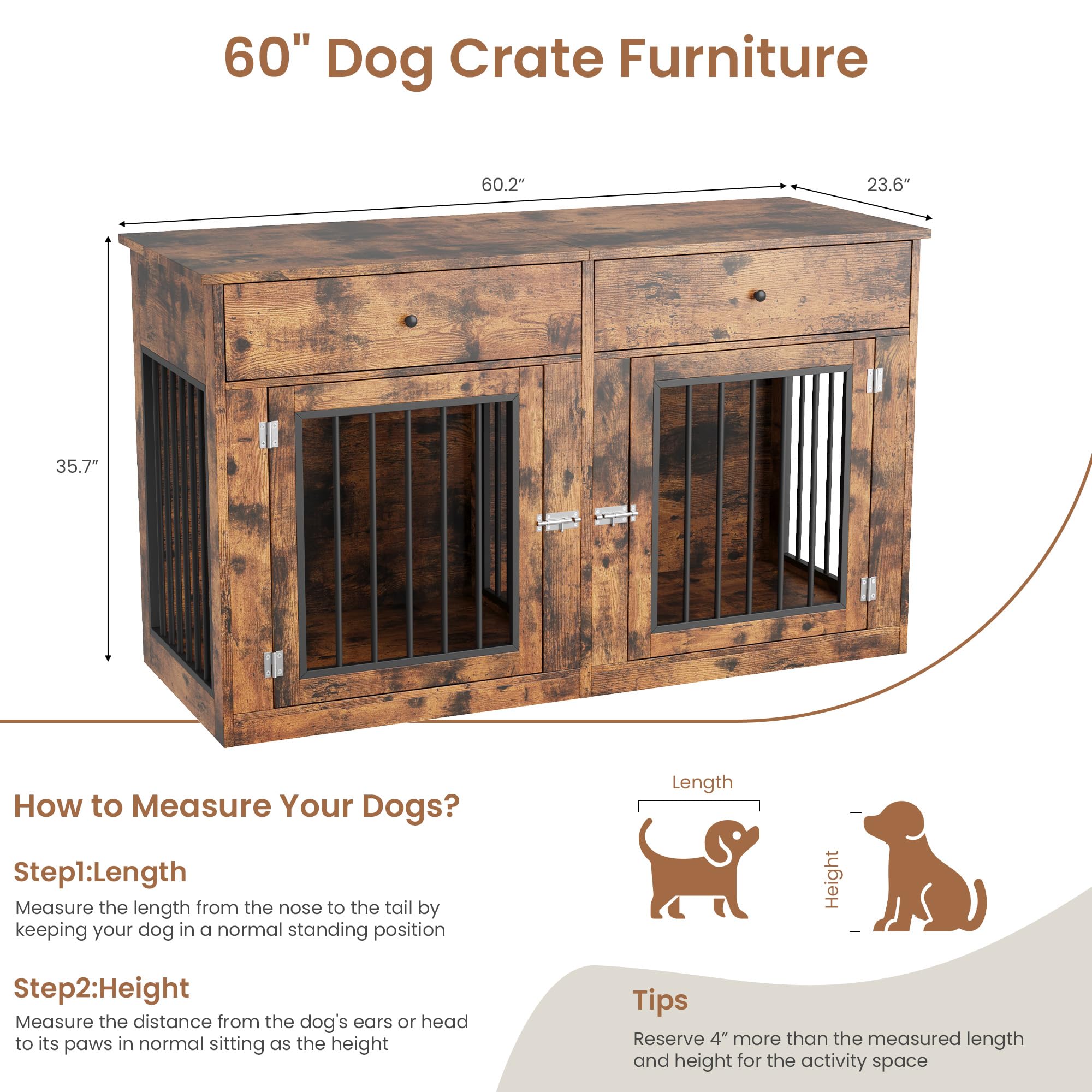 Garvee 60" Dog Crate Furniture for 2 Dogs, Heavy Duty Dog Kennel Furniture TV Stand with 2 Drawers, Dog Crates for Small Medium Dogs, Dog Cage End Table for Indoor Use,Vintage Brown