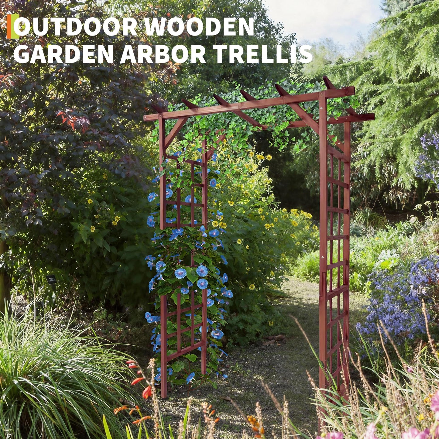 Garvee 85-Inch Wooden Garden Arbor Trellis, Fir Wood Flat-Top Pergola for Climbing Plants, Wedding, Patio, Lawn & Backyard, Teak