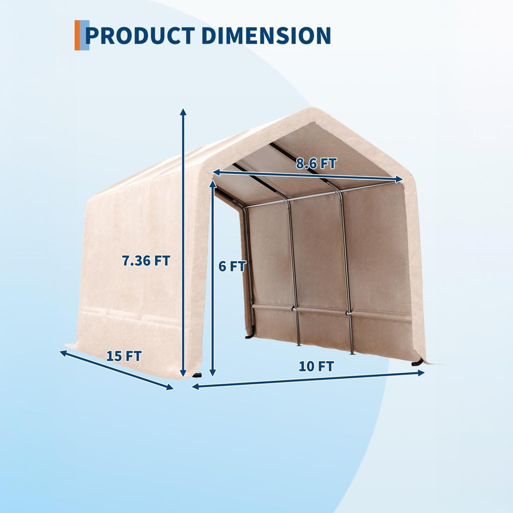 Garvee Portable Storage Shed for Motorcycles and Garden Tools, 10 × 15 FT with 240G Waterproof PE Tarp, Roll-Up Door and Vent, Khaki