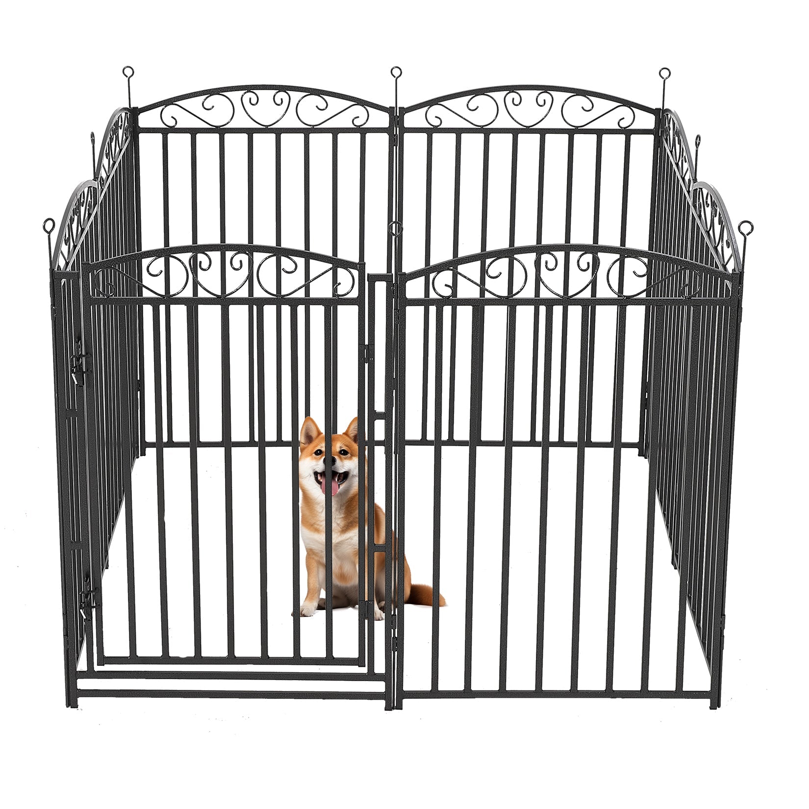 Garvee Durable Decorative Dog Playpen Fence – 40" Metal, 8 Panels with Door, Outdoor Pet Enclosure for Medium/Large Dogs, Black Base with Silver Design, Color: Black with Silver Design, 8 Panels