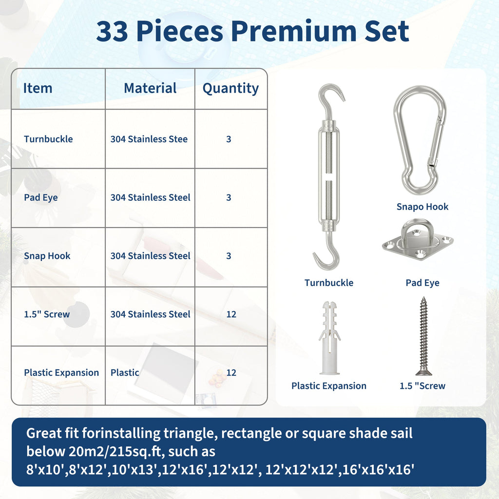 Garvee Sun Shade Sail Hardware Kit 6 Inch for Triangle Shade Sail Install, Stainless Steel Shade Sail Fixing Accessories for Outdoor Patio Canopy Garden, Heavy Duty Awning Attachment Set (40 Pcs)
