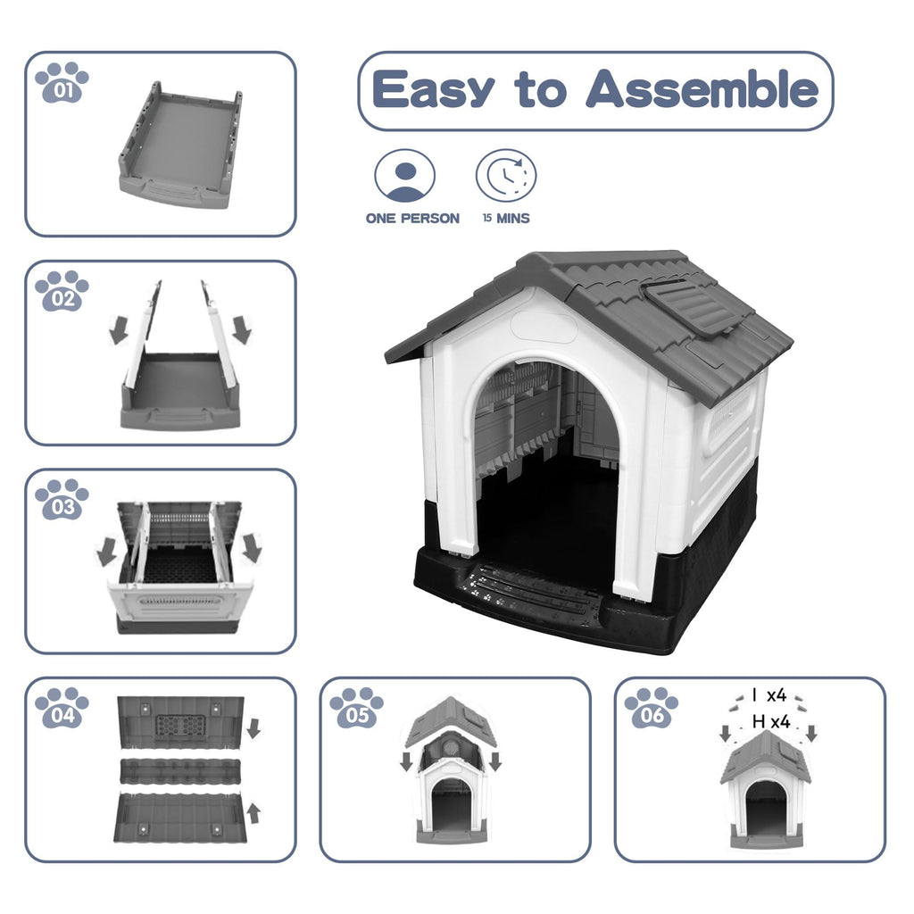 Garvee X-Large Dog House Outdoor with Air Vents and Elevated Floor for Medium Large Dogs, Plastic Waterproof Doghouse Sloping Roof, Easy Clean and Assemble, Gray