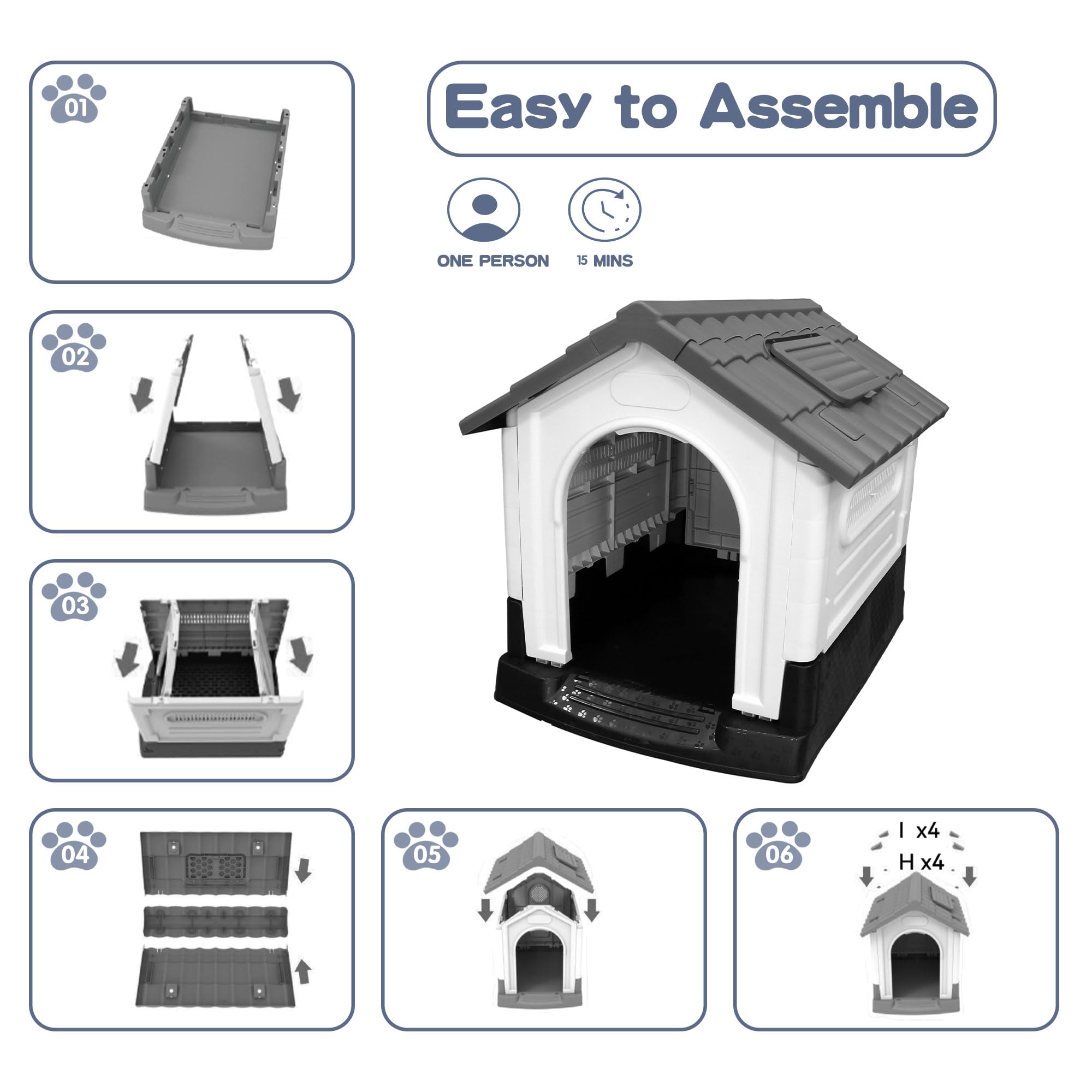 Garvee X-Large Dog House Outdoor with Air Vents and Elevated Floor for Medium Large Dogs, Plastic Waterproof Doghouse Sloping Roof, Easy Clean and Assemble, Gray