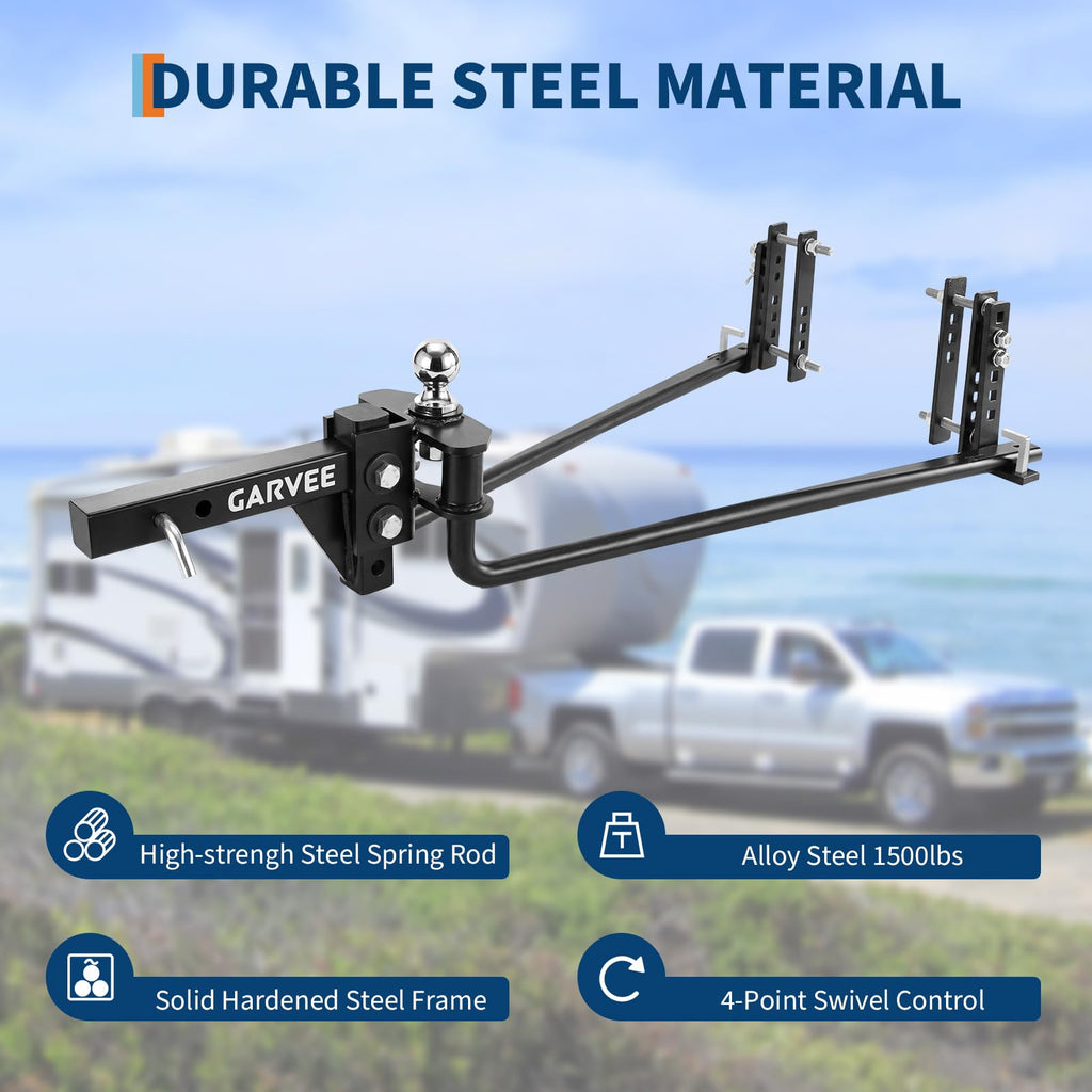 Garvee Weight Distribution Hitch 1,500 Lbs Capacity Sway Control Forged Alloy Steel Durable Corrosion-Resistant 2-Inch Shank for Trailer Towing