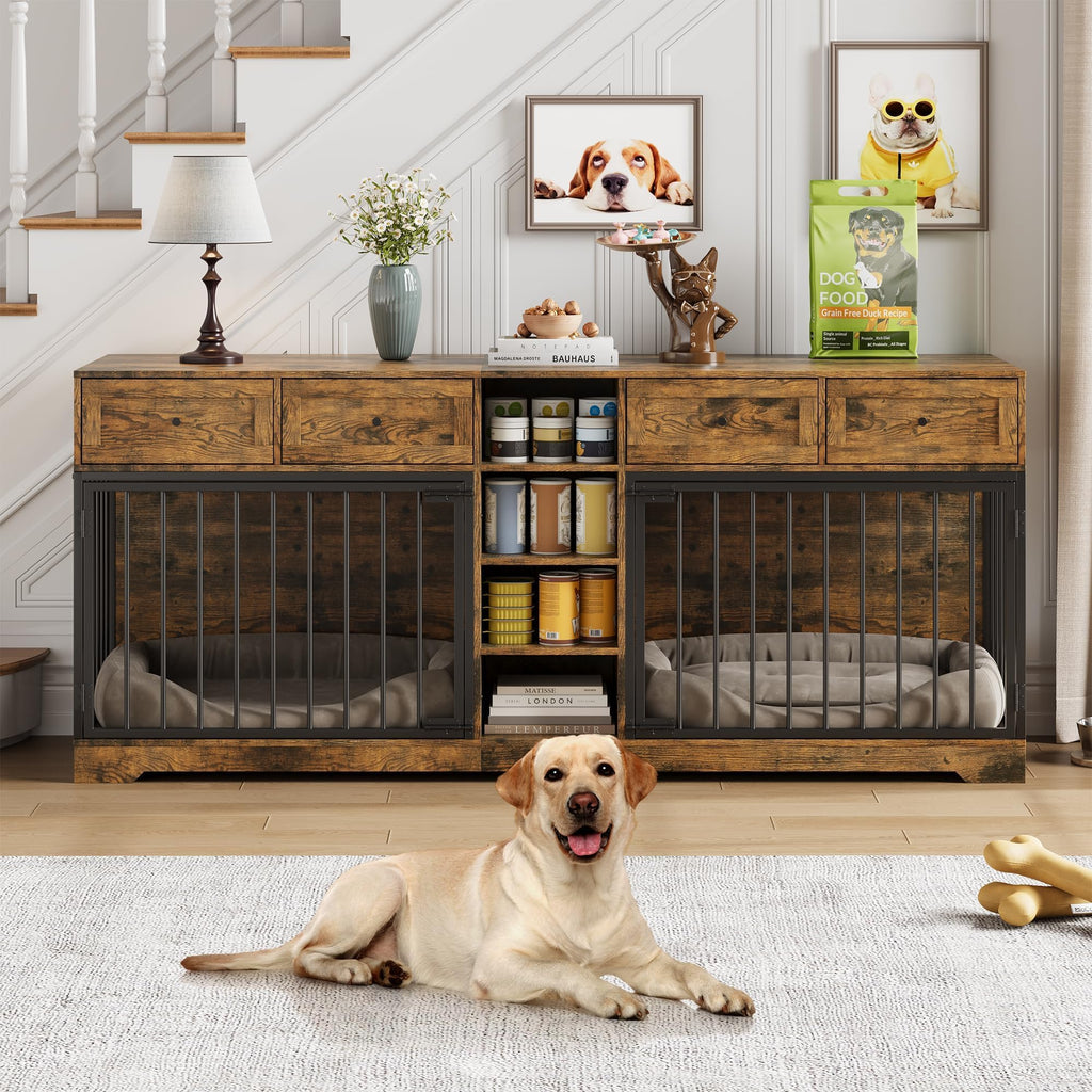 Garvee 82" Large Dog Crate for 2 Dogs, Dog Kennel Indoor with 4 Drawers and Shelves, Heavy Duty Double Dog Crate Furniture TV Stand, Wooden Dog Cage for Medium Large Dogs, Brown