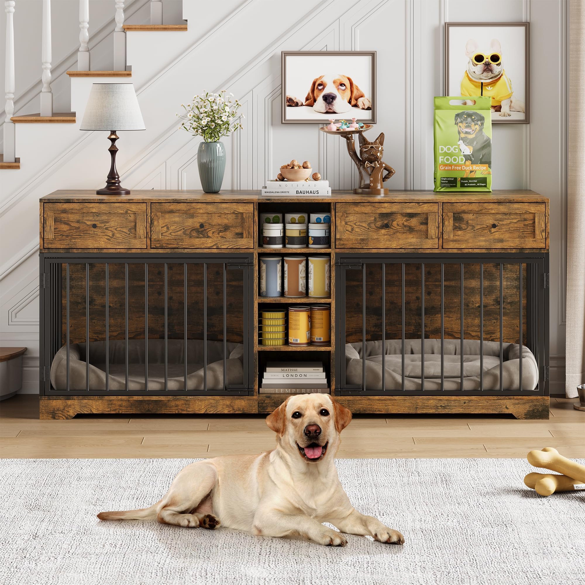 Garvee 82" Large Dog Crate for 2 Dogs, Dog Kennel Indoor with 4 Drawers and Shelves, Heavy Duty Double Dog Crate Furniture TV Stand, Wooden Dog Cage for Medium Large Dogs, Brown