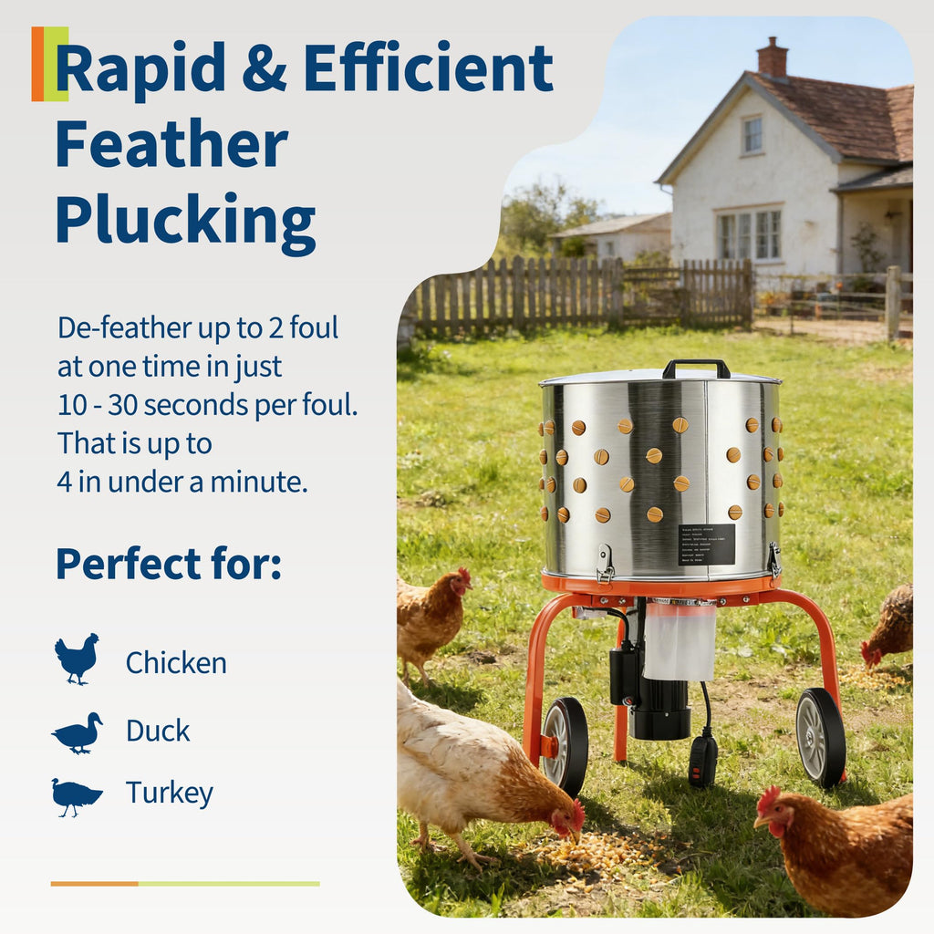 Garvee Chicken Plucker Machine, 20 inch Drum Stainless Steel Poultry Plucker, Defeathering Equipment with 108 Soft Fingers, Simple Debris Collection, for Farms, Restaurants, Home, Poultry Plucking, Orange