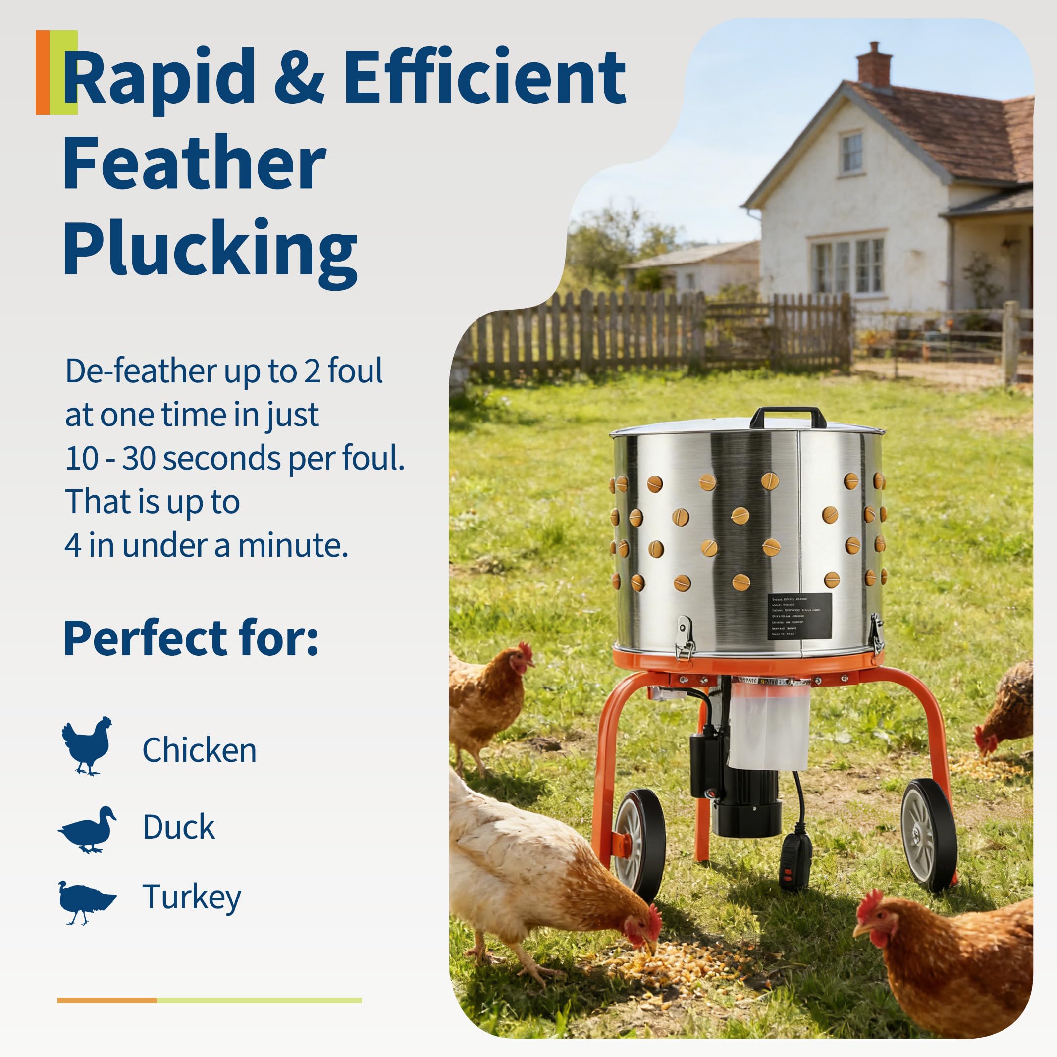 Garvee Chicken Plucker Machine, 20 inch Drum Stainless Steel Poultry Plucker, Defeathering Equipment with 108 Soft Fingers, Simple Debris Collection, for Farms, Restaurants, Home, Poultry Plucking, Orange