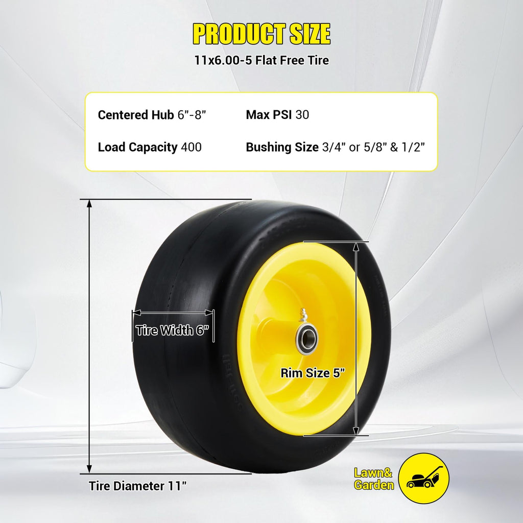 Garvee Flat Free Durable Tire & Wheel Set for Golf Cart - Heavy Duty 400lbs Capacity - Puncture Proof, Maintenance Free - Global Fit, Centered Hub, Precision Bearings - 2 Pack, Yellow Hub | 11×6.00-5