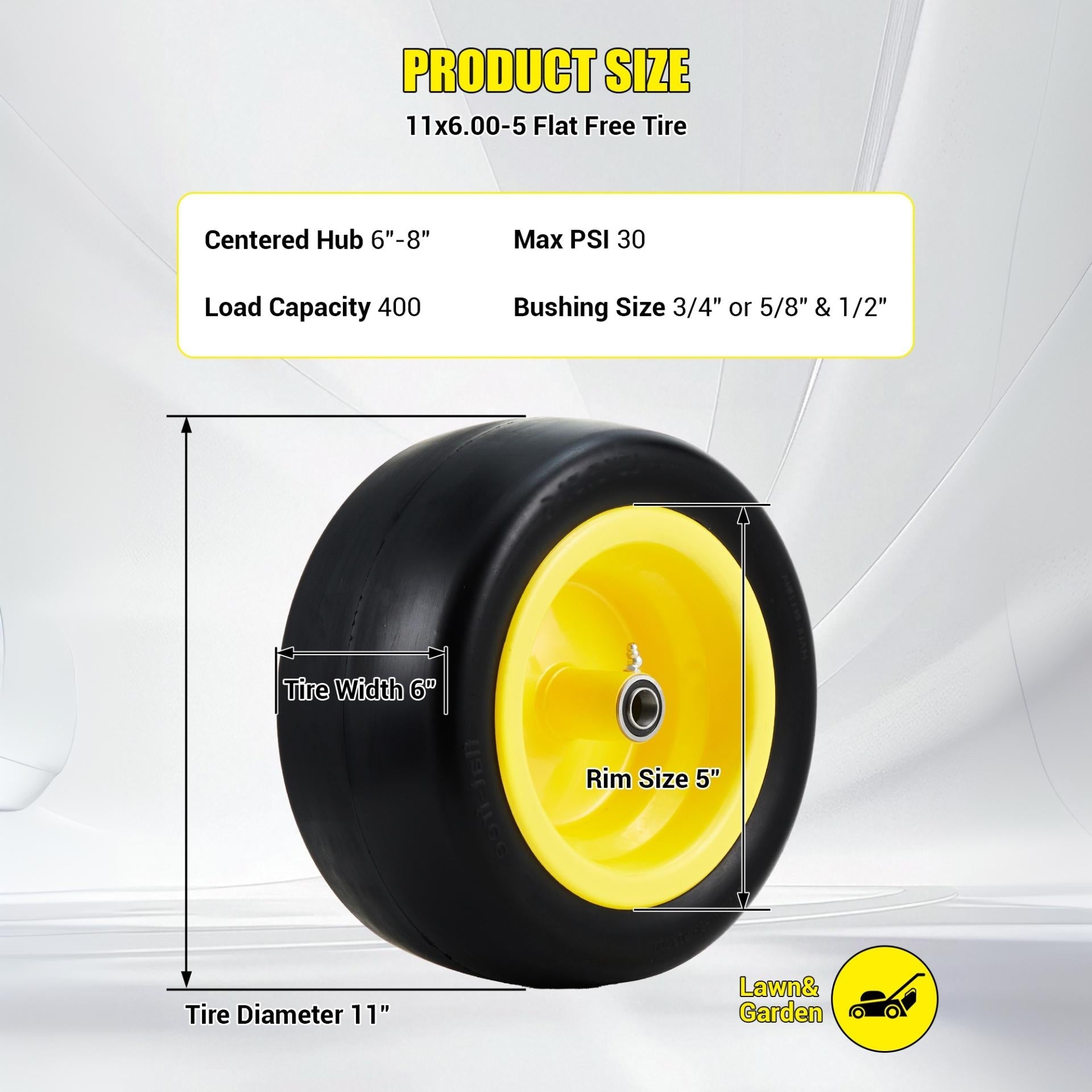 Garvee Flat Free Durable Tire & Wheel Set for Golf Cart - Heavy Duty 400lbs Capacity - Puncture Proof, Maintenance Free - Global Fit, Centered Hub, Precision Bearings - 2 Pack, Yellow Hub | 11×6.00-5