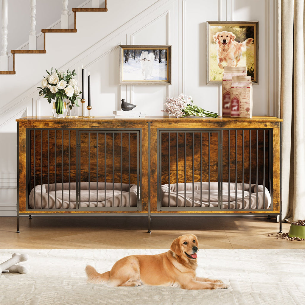 Garvee XL Dog Crate Furniture for 2 Dogs, Heavy Duty Double Dog Crates for Medium/Large Dogs, Dog Kennel Furniture Indoor As TV Stand, Extra Large 78.74"w, Rustic Brown