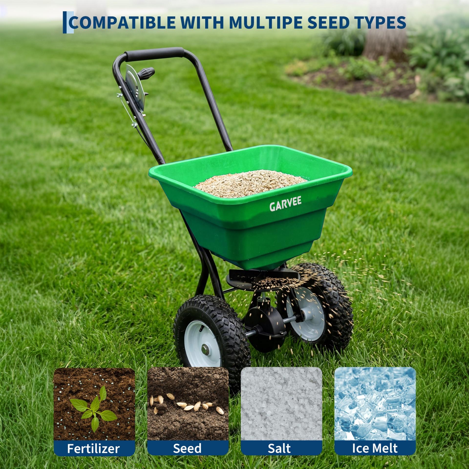 Garvee 80 lb Push Broadcast Spreader, Walk-Behind Lawn & Garden Spreader with 29 L Hopper, 0–12 ft Coverage, 13" All-Terrain Wheels & 20-Level Flow Control for Seed, Fertilizer, Salt & Ice Melt, Green/Black