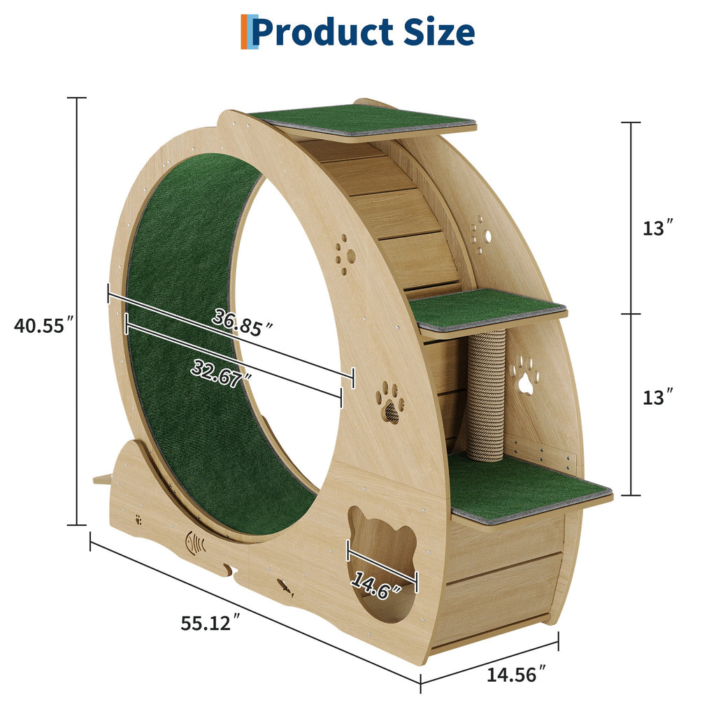 Garvee Large Cat Exercise Wheel for Indoor Cats - 4-in-1 Treadmill with Grazeing Post, 3-Level Jumping Tower & Carpeted Fashion Show - Quiet Spinner for Fitness & Entertainment - Wood Color