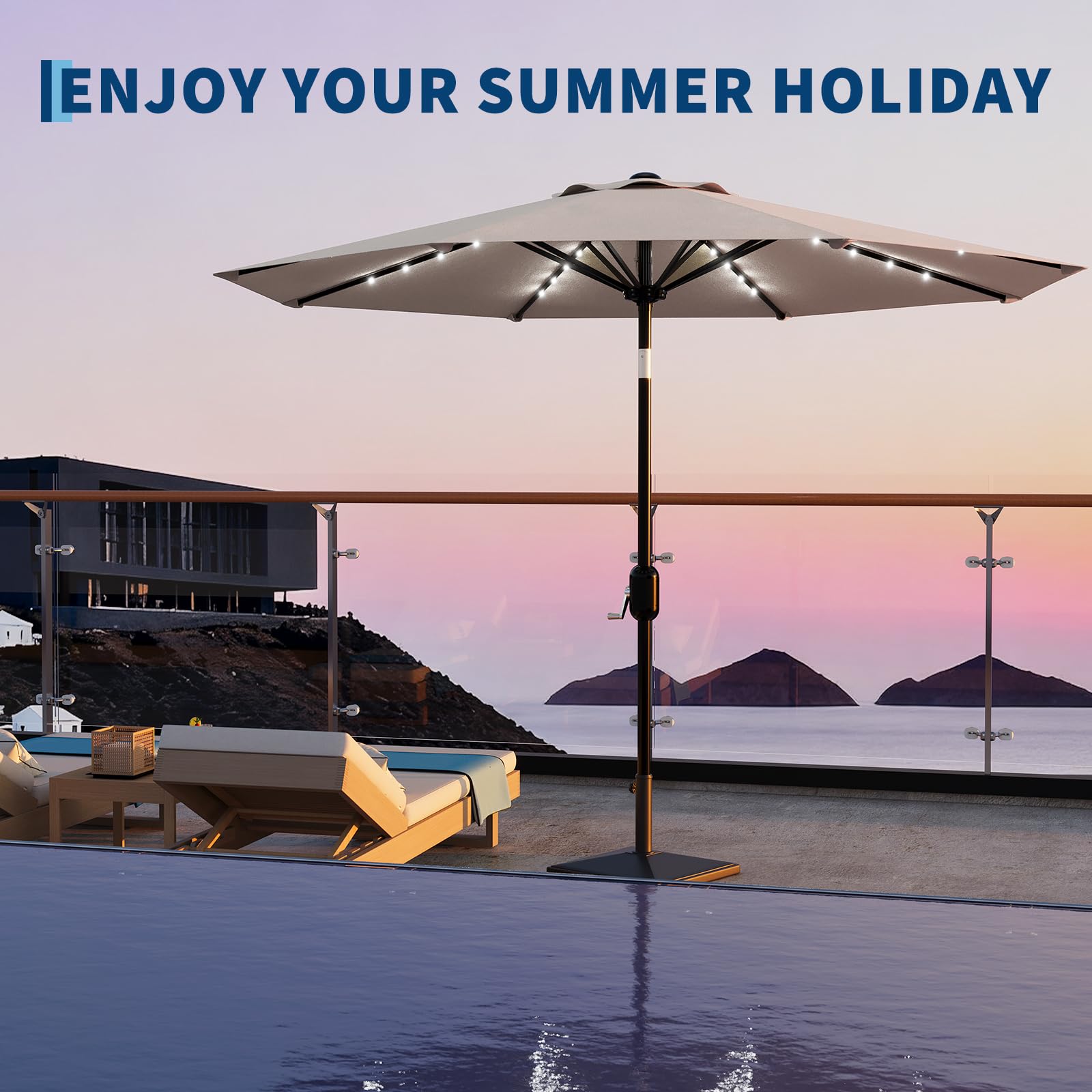 Garvee 10 FT Patio Umbrella with Solar Lights, Outdoor Table Umbrella with 8 Durable Ribs, Tilt & Crank Mechanism, Waterproof & UV Protection for Garden, Backyard, Poolside, Beige
