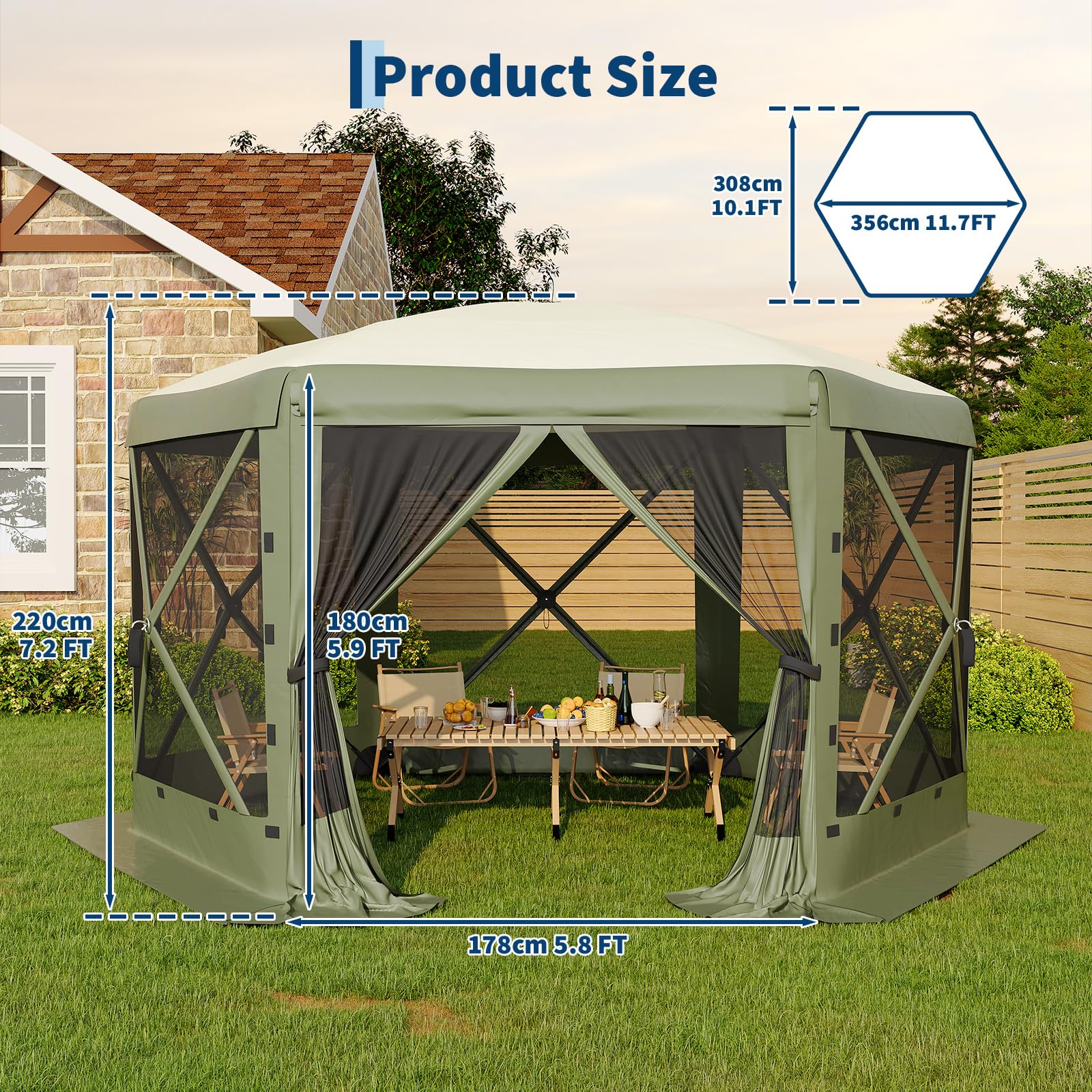 Garvee 11.7 ft Hexagon Screen Tent, 230 cm High Instant Pop Up Canopy with 6 Wind Panels, 210D Polyester Mesh Walls for Camping, Patio & Backyard, Green