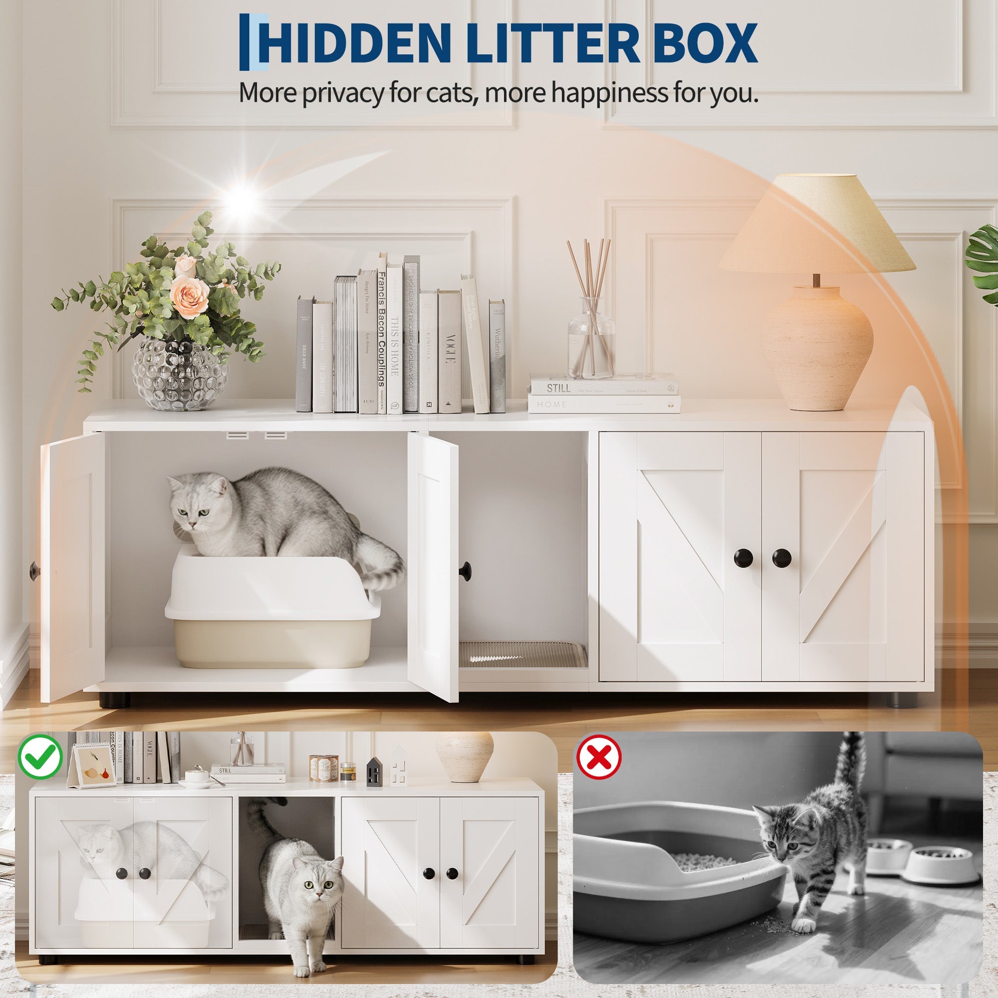 Garvee Cat Litter Box Enclosure for 2 Cats, Hidden Litter Box Furniture Cabinet with Double Room, Double Cat Litter Box Enclosure, Indoor Cat House, 43.4 x 18.1 x 17.7 Inches