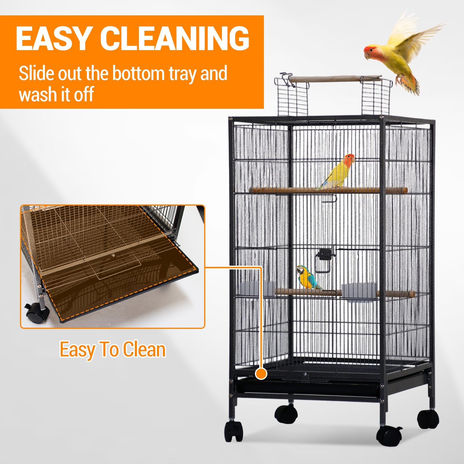 Garvee Spacious Metal Bird Cage with Open Play Top – Large Parrot Cage on Rolling Stand – Easy-Clean Slide-Out Tray – Ideal for Budgies, Parakeets, Cockatiels, Finches – Black, 45.5x45.5x100.5cm