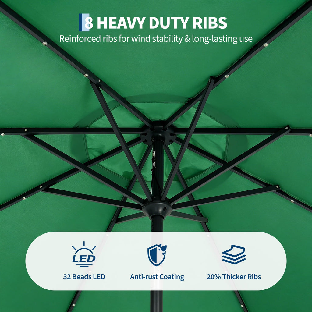 Garvee 9 FT Solar LED Patio Umbrella, Outdoor Market Table Umbrella with Tilt & Crank, 32 Lights, 8 Iron Ribs, UV Sun Shade for Garden, Deck & Pool, Dark Green