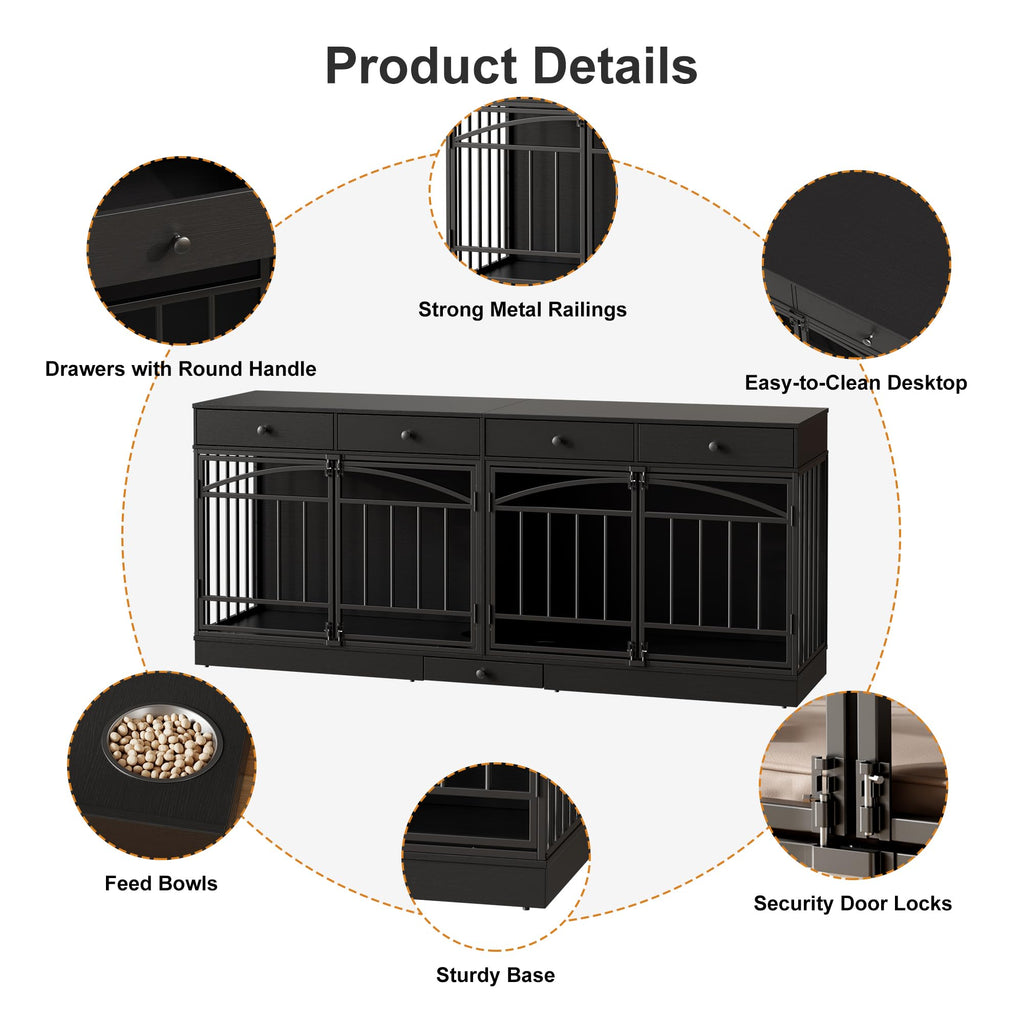 Garvee 78.7" Double Dog Crate Furniture with Storage and 4 Doors, Dog Kennel Indoor with Feeding Bowls, Wood Dog Crate TV Stand for Small Medium Dogs, Black