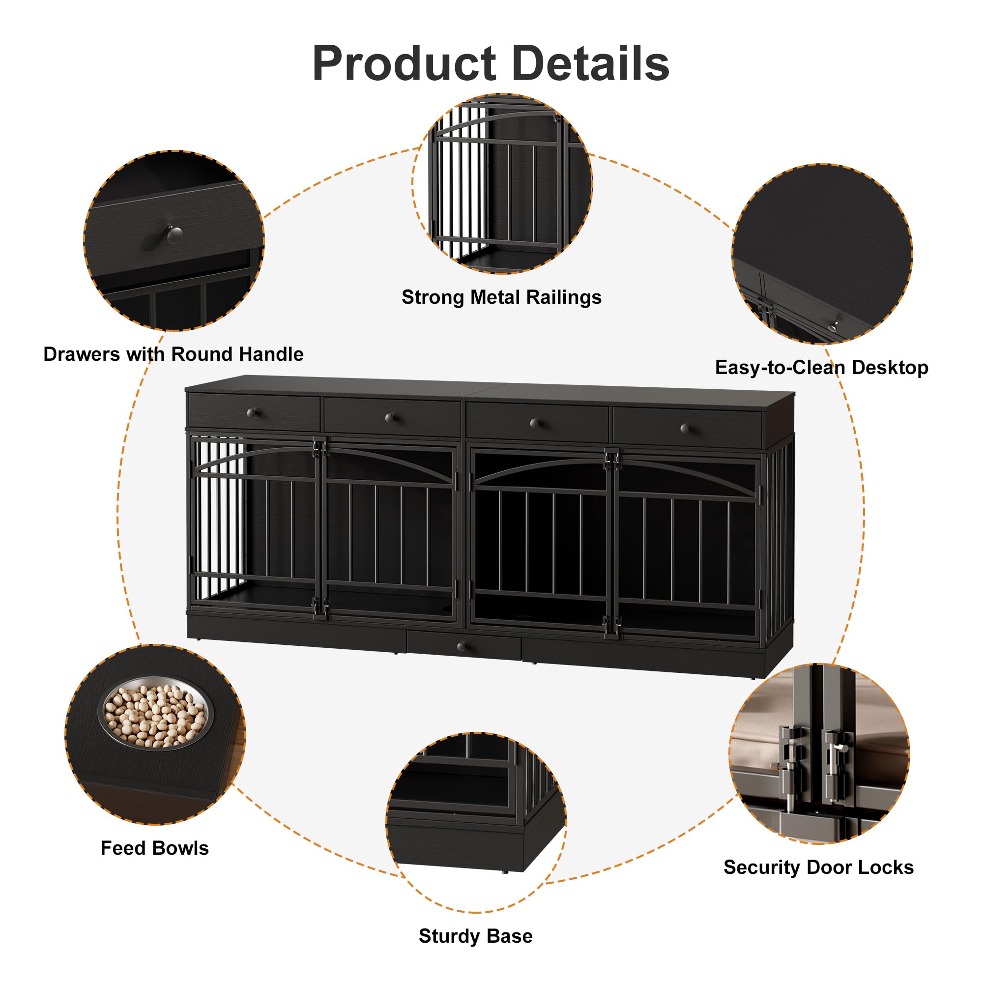 Garvee 78.7" Double Dog Crate Furniture with Storage and 4 Doors, Dog Kennel Indoor with Feeding Bowls, Wood Dog Crate TV Stand for Small Medium Dogs, Black