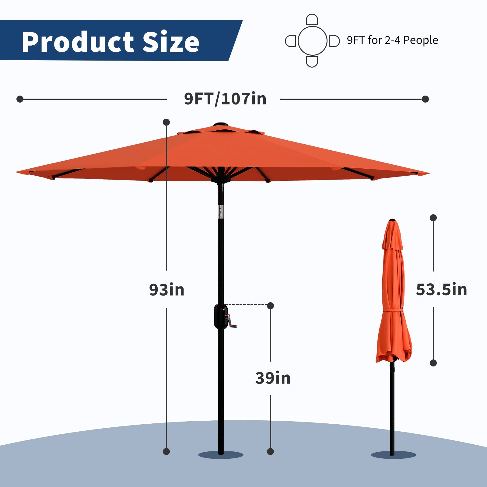 Garvee 9 ft Outdoor Patio Umbrella with 8 Sturdy Ribs, Crank Lift, Push-Button Tilt & UV-Resistant Waterproof Canopy for Pool, Deck, Yard & Garden, Orange