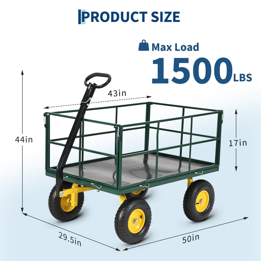 Garvee Heavy Duty 1500 lbs Steel Garden Cart – 3-in-1 Outdoor Utility Wagon with Removable Mesh Sides, 13" All-Terrain Wheels, 180° Rotating Handle – Lawn, Gardening, Plant Transport – 13-inch wheels, yellow rims + dark green frame + black handlebars