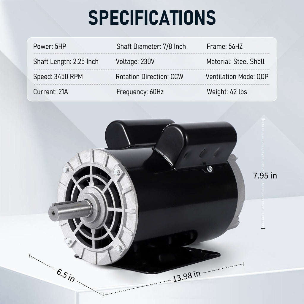 Garvee Heavy Duty Electric Air Compressor Motor – 5HP SPL, 230V, 56 Frame, 3450 RPM, 7/8" Shaft, Dual Rotation, ODP, Continuous Duty – Industrial, Workshop, Garage, Farm Replacement – Compatible with DP120556HZL – Specs: 5HP DP120556HZL