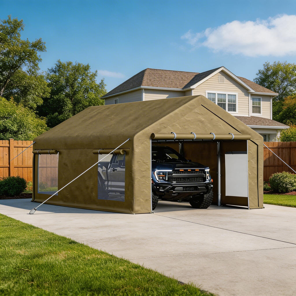 Garvee 10' × 20' Portable Garage, 200 GSM PE Carport Canopy with 2 Roll-Up Doors, 4 Mesh Windows, Galvanized Steel Frame, Khaki