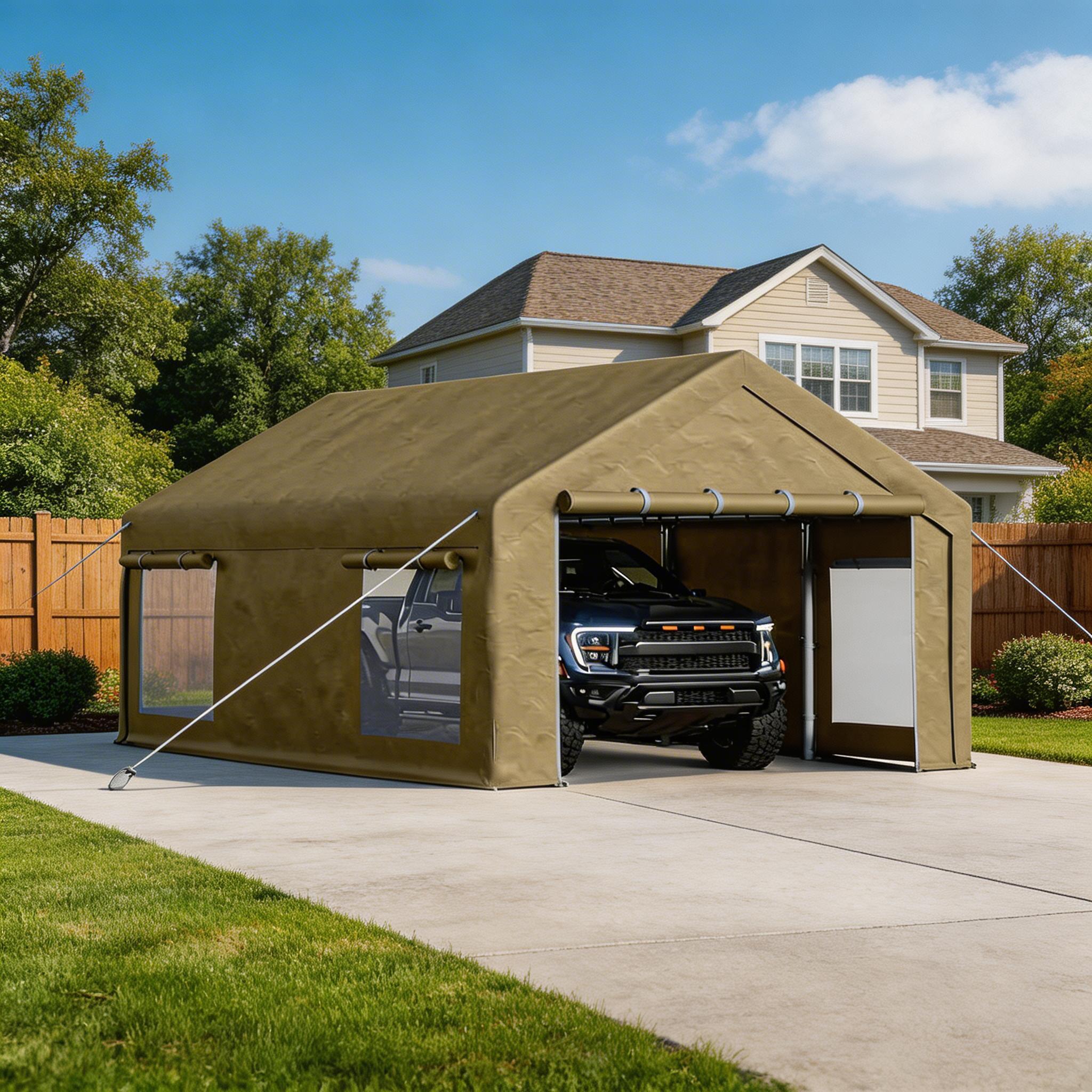 Garvee 10' × 20' Portable Garage, 200 GSM PE Carport Canopy with 2 Roll-Up Doors, 4 Mesh Windows, Galvanized Steel Frame, Khaki