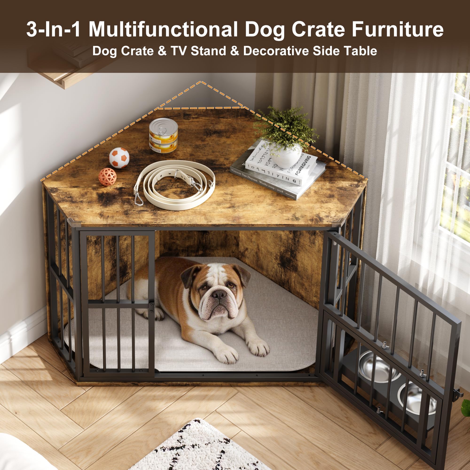 Garvee Space-Saving Corner Dog Crate Furniture – Wooden Indoor Kennel End Table with 360° Rotating Door, Stainless Steel Feeding Bowls, Decorative Design for Small Breeds, Vintage + Black Iron Frame, Brown