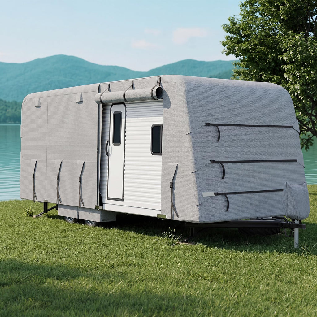 Garvee 20-22FT Heavy-Duty Travel Trailer Cover, 4-Layer Oxford Waterproof, Breathable, UV-Resistant, and Tear-Resistant RV Storage Cover with Windproof Straps and 6 Zipper Panels, Grey