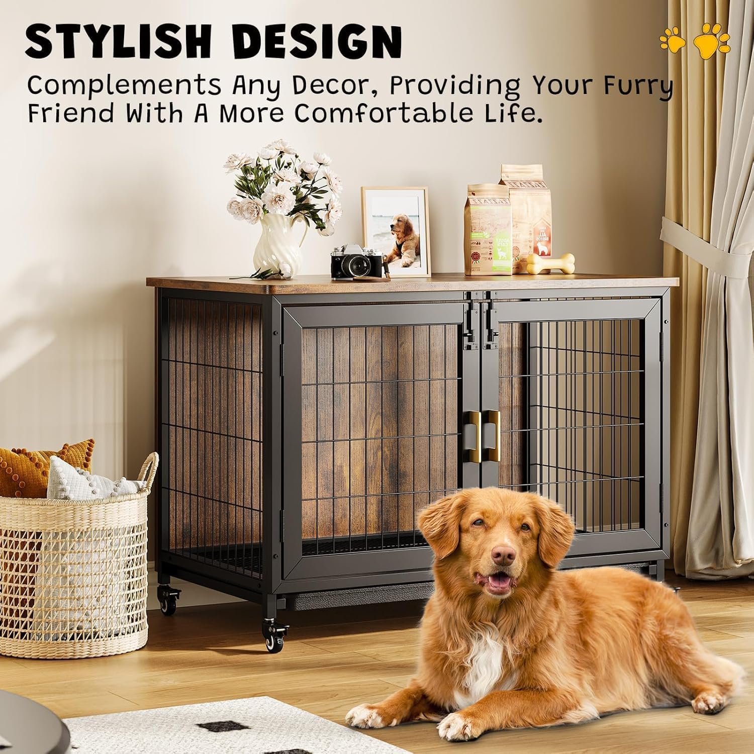 Garvee 37.5" Heavy Duty Dog Crate Furniture with Durable Steel Frame, Removable Tray, Locking Wheels, 300lb Capacity Indoor Kennel for Large Dogs, Multi-Functional Pet Cage & Storage Table