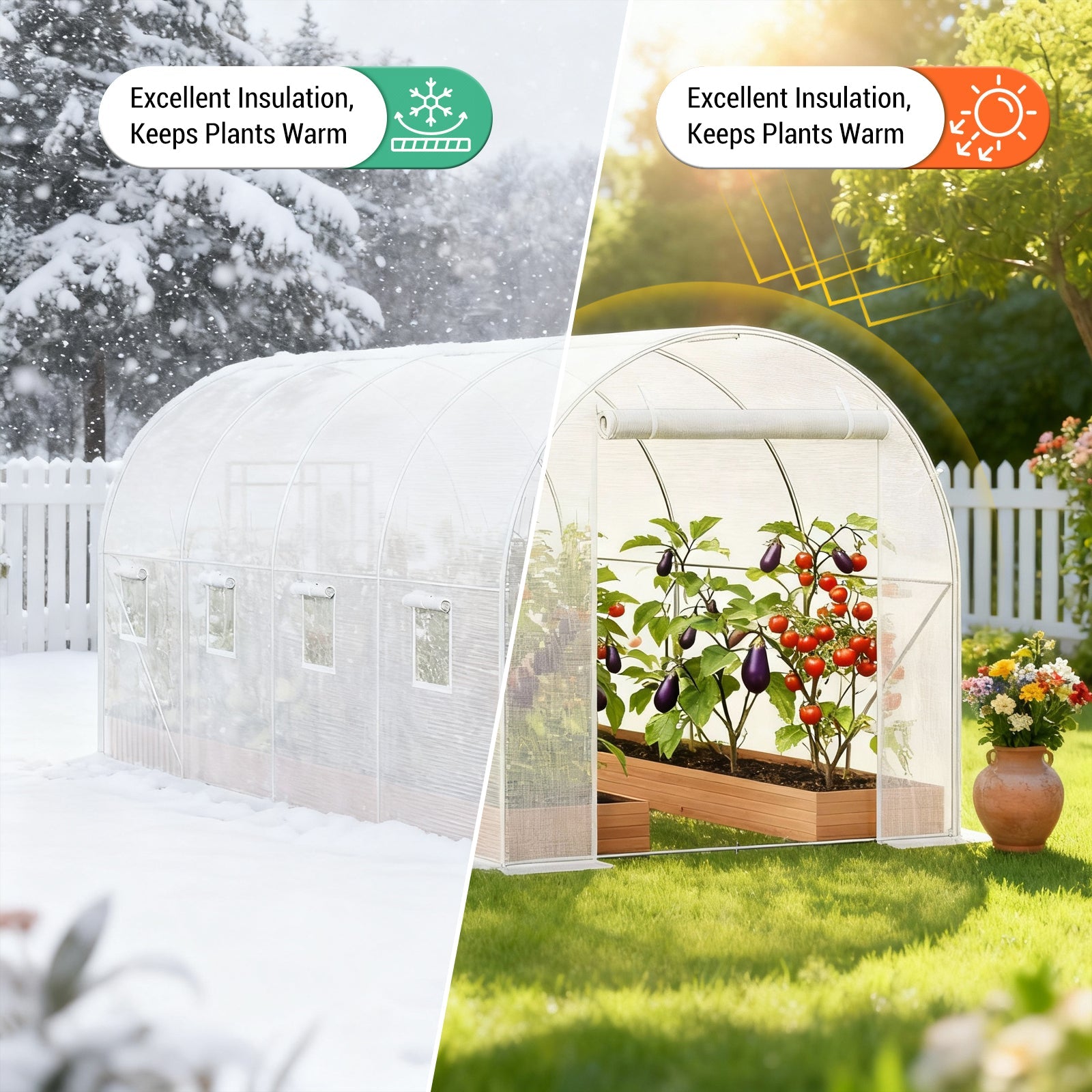 Garvee 14.6 x 6.4 x 6.3 FT Walk-In Tunnel Greenhouse, 140 GSM White PE Cover with Zippered Screen Door, 8 Roll-Up Windows & Galvanized Steel Frame