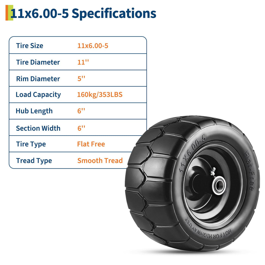 Garvee 2 Pack 11x6.00-5 Flat Free Lawn Mower Tire and Wheel, 353 lbs Load, Polyurethane, Puncture-Proof, 3/4" & 5/8" Bushings, Push Mowers & Garden Carts