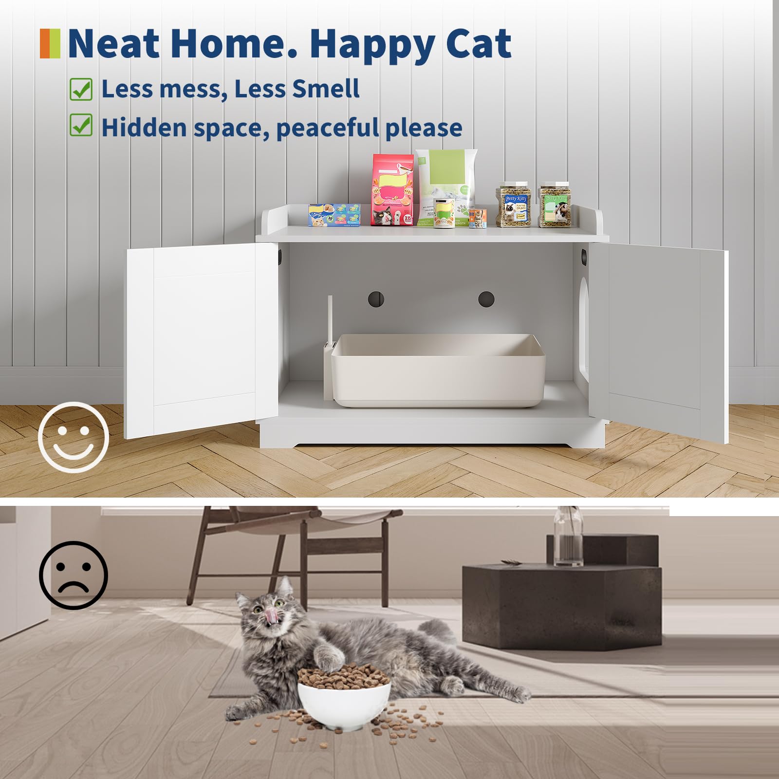 Garvee 31.5" Cat Litter Box Enclosure Furniture with 2 Doors & Display Shelf, Wooden Hidden Cat Cabinet for Living Room, Dog-Proof Design for Multiple Cats, Smooth Surface & Quick Clean-Up, White