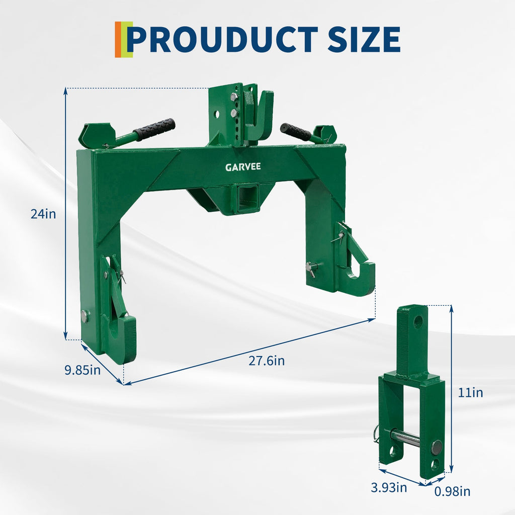 Garvee Heavy Duty 3-Point Quick Hitch Tool Set for Category 1 Tractors - Upgraded Versatile Adapter, 2" Receiver, 5-Level Adjustable Bolt, 3000 lbs Capacity, Quick Attach, Trailer Hitch Attachment - Green