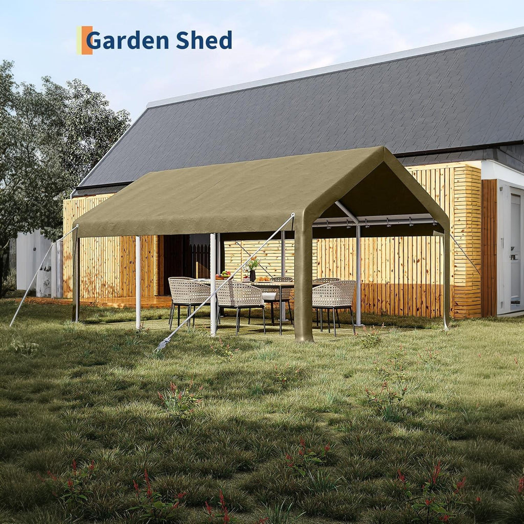 Garvee 10' × 20' Portable Garage, 200 GSM PE Carport Canopy with 2 Roll-Up Doors, 4 Mesh Windows, Galvanized Steel Frame, Khaki
