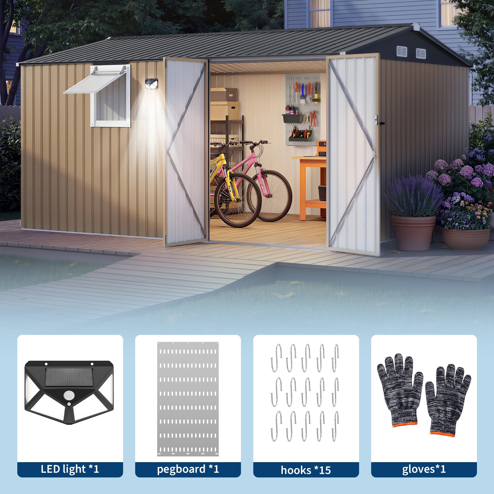 Garvee Metal Outdoor Storage Shed 10 ft x 12 ft – Heavy-Duty Lockable Garden Storage Cabinet with Doors & Windows, Weather-Resistant for Patio, Lawn & Backyard, Brown & Black