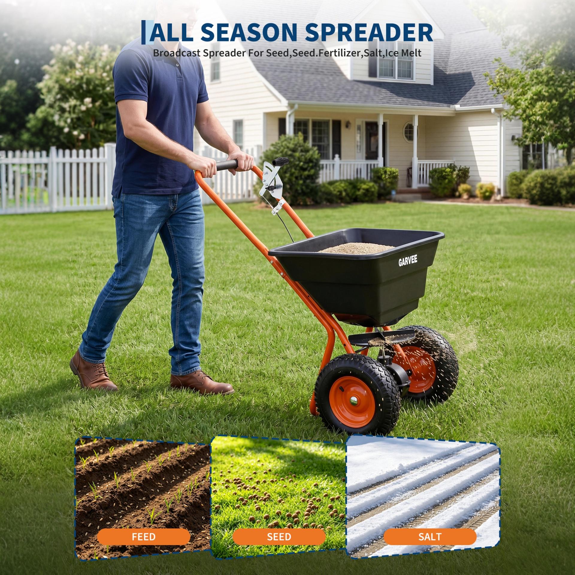 Garvee 80 lb Push Broadcast Spreader with 12' Spread Width, Adjustable Drop Rate, 10" Pneumatic Tires, Rain Cover & Gloves for Seed, Fertilizer, Salt and Ice Melt, Black & Orange-Red
