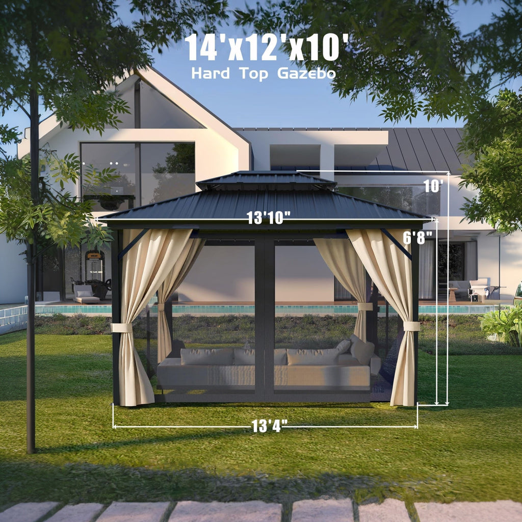Garvee Hardtop Gazebo 12 ft x14 ft for All Weather, with Double Metal Roof, Aluminum Alloy Frame, Net, and Curtain, Permanent Building for Patio, Deck, Backyard, Lawn, and Garden, Khaki