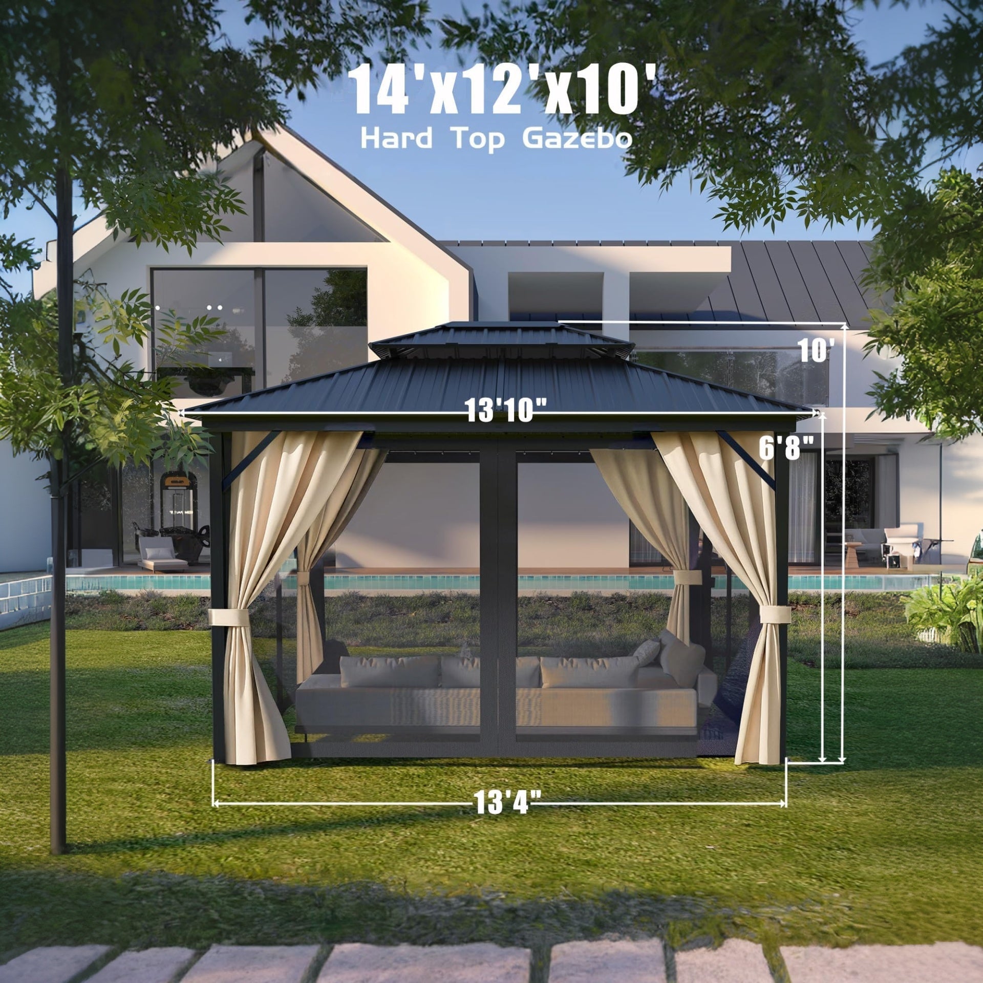 Garvee Hardtop Gazebo 12 ft x14 ft for All Weather, with Double Metal Roof, Aluminum Alloy Frame, Net, and Curtain, Permanent Building for Patio, Deck, Backyard, Lawn, and Garden, Khaki