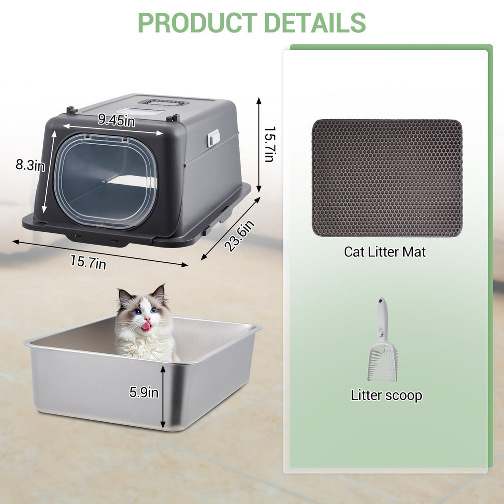 Garvee Stainless Steel Cat Litter Box - Enclosed Design, 15cm Depth, Dark Gray, Durable Cat Litter Container, Cat Toilet Box