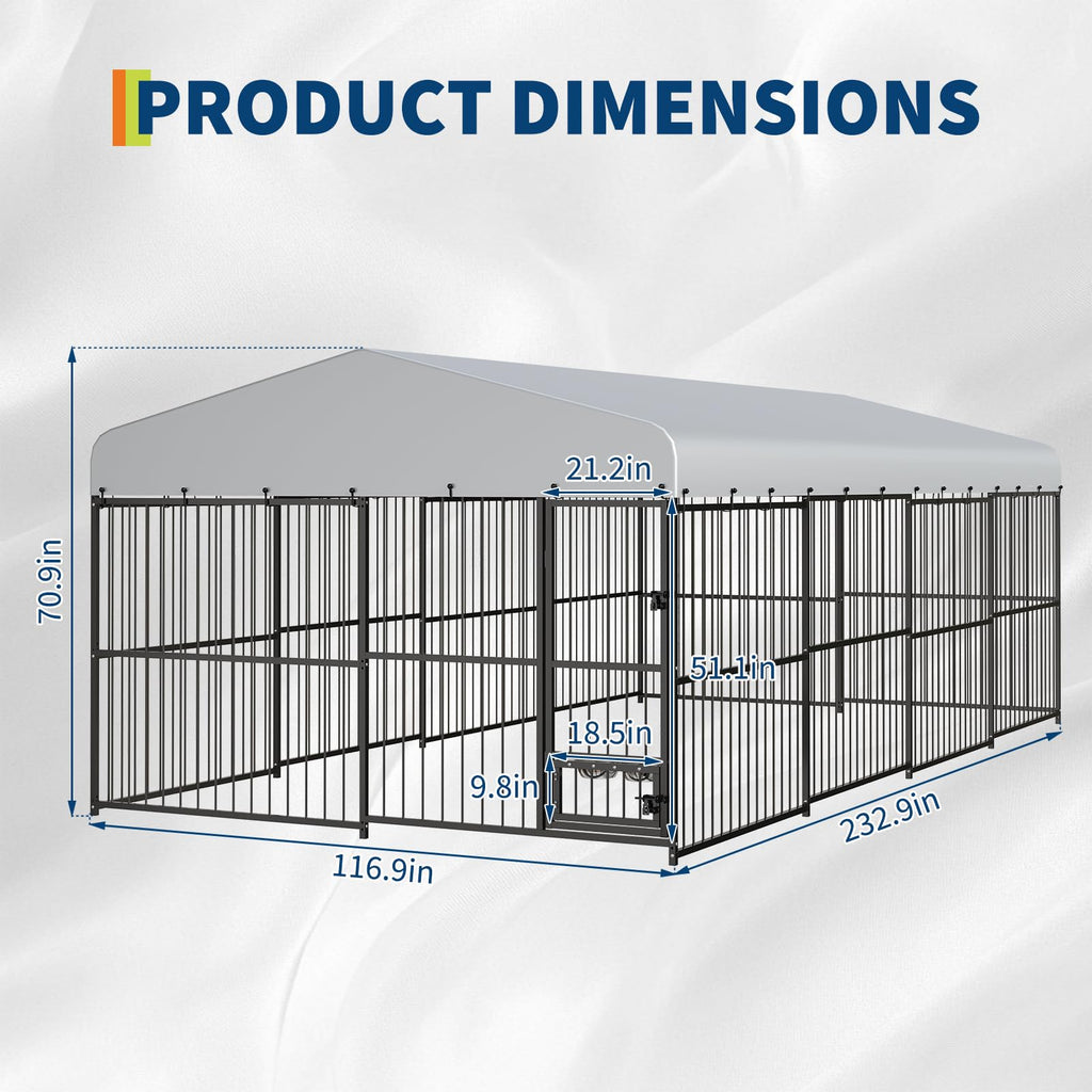 Garvee Outdoor Heavy Duty Large Dog Kennel, Walk-in Dog Cage with Metal Gate & Secure Lock, Large Dog Enclosure with Waterproof Roof, Includes Feeding Doors & Bowls for Backyard, 10x20x6 ft