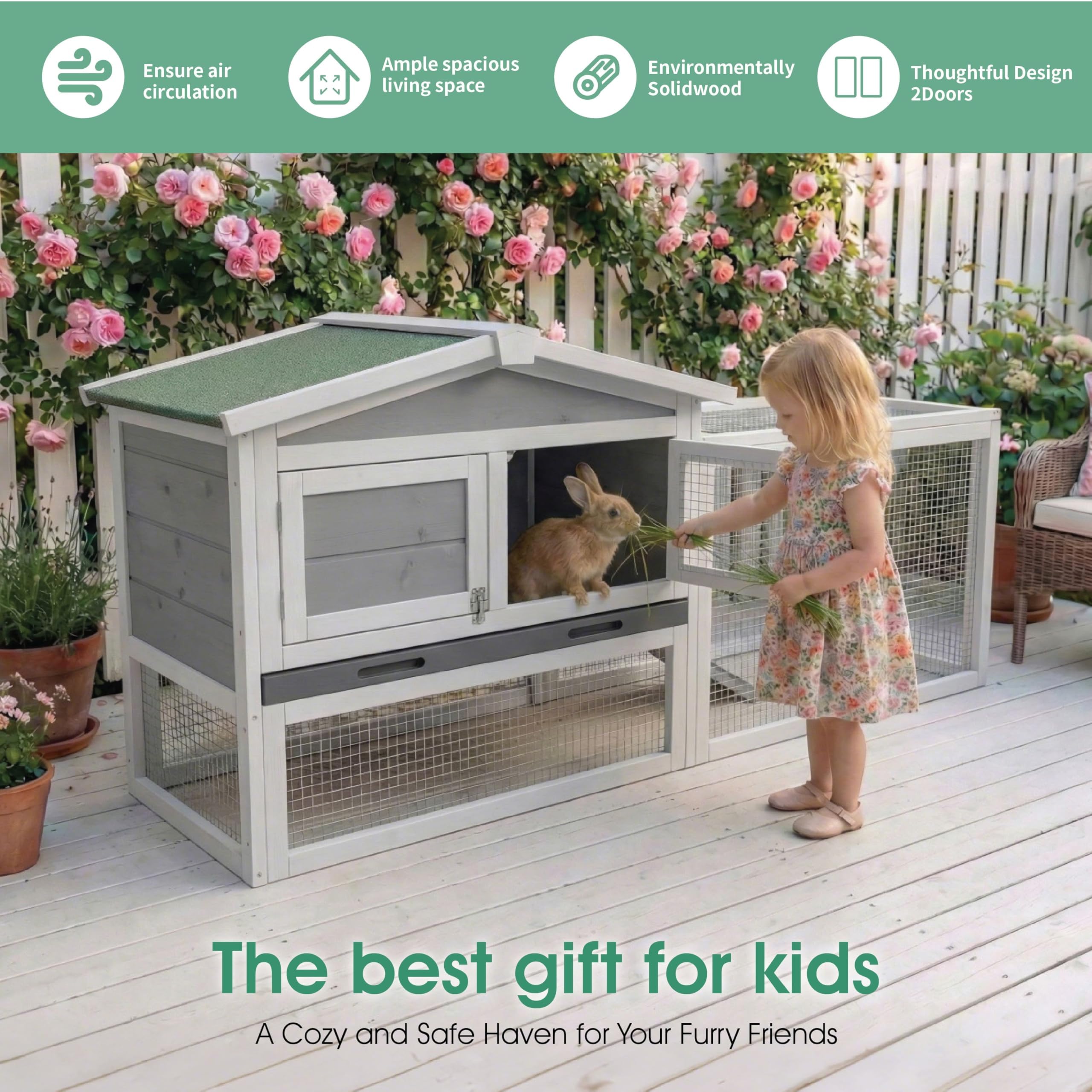 Garvee Large 2-Story Wooden Small Animal Cage for Rabbits, Guinea Pigs & Chickens - Weatherproof Indoor Outdoor Hutch with Anti-Chew Metal Frame, Removable Wire Netting, Leak-Proof Pull-Out Tray, Gray